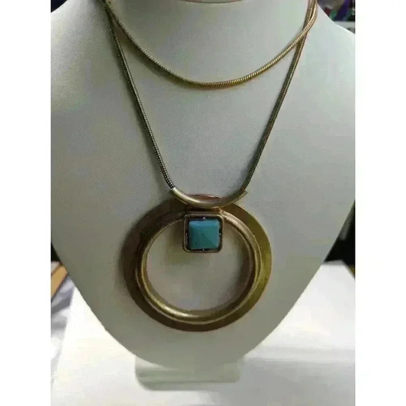 Long Statement Necklace w/ large gold 4" circular pendant turquoise accent - Picture 3 of 3